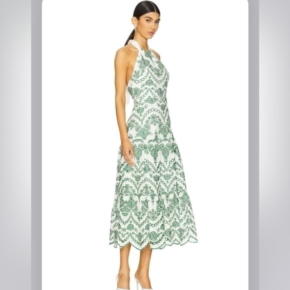 MILLY Hayden Scallop Eyelet Dress in White & Green - Picture 3 of 16